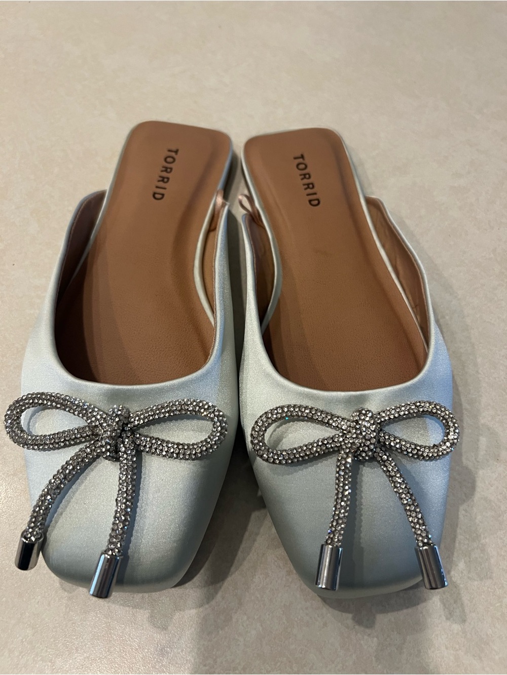 torrid Light Blue Satin Bow Slip-On Flats with Rhinestone Detail